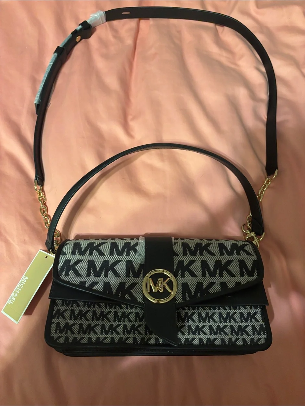 Michael Kors Black and White MK Logo Shoulder Bag with Gold Hardware